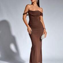 KUTUMAI Off The Shoulder Maxi Long Dress Corset Ruched Bodycon Formal Wedding Guest Dresses For Women - Rose - View 6