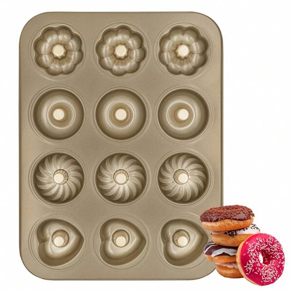 Stampi per ciambelle, teglie antiaderenti per ciambelle in acciaio al carbonio da 12 cavità, design a 4 forme, teglia da forno per torte, biscotti, bagel, muffin