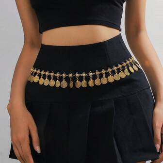 1 pieza Cadena de cintura con colgante circular grabado con flor de metal vintage, estilo bohemio con moneda con estampado y borlas, versátil para uso diario, fiestas y eventos de señoras