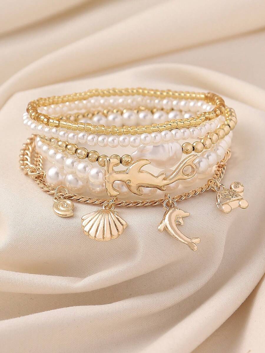 6件套波西米亚风可爱贝壳、飞鱼、海龟、海星吊坠串珠手链，适合女性日常休闲、海滩、旅行、送礼。 - 白色 - 查看 1