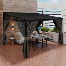 ECACAD Wall-Mounted Hardtop Gazebo With  Durable Aluminum Frame, Galvanized Steel Roof, Detachable Nylon Mosquito Netting, And Spun Polyester Curtains For Year-Round Comfort & Privacy - 10*12ft - 查看 2