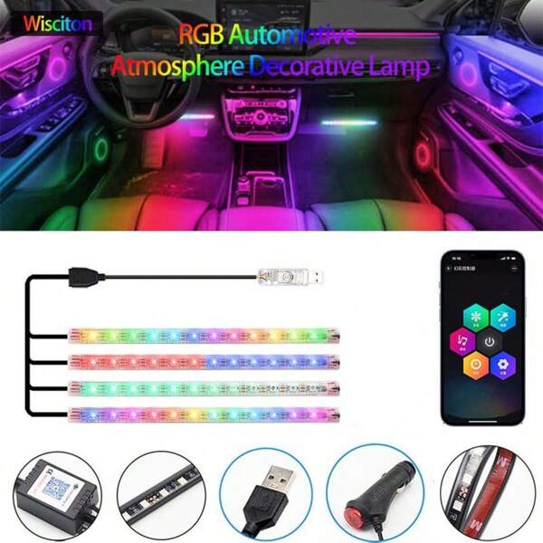 Wisciton Neon 36 48 72 LED Wnętrze samochodu Oświetlenie stóp RGB Motoryzacja Atmosfera Dekoracyjna lampa Pasek świetlny LED Wnętrze samochodu Oświetlenie stóp z USB Papieros z podłączeniem do Mo