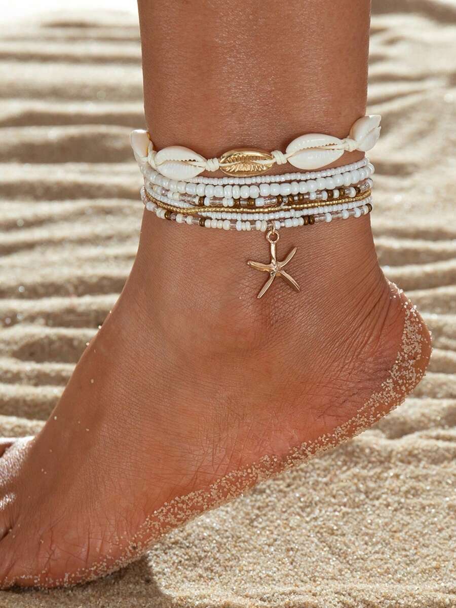 7件套波西米亚米珠海星吊坠脚链套装时尚夏季沙滩贝壳多层脚链脚饰 - 彩色 - 查看 1