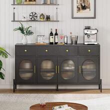 Huisuilinss 62" Large Sideboard Buffet Cabinet With Storage, Farmhouse Kitchen Display With 3 Drawers And 4 Glass Doors, Wood Coffee Bar For Kitchen, Dining Room, Living Room - màu đen - Xem 1