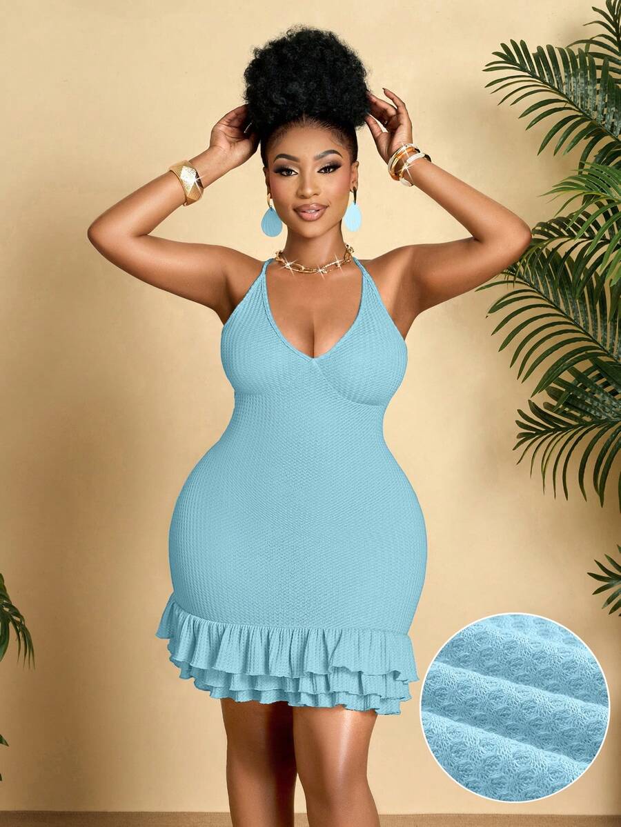 BIUBIU 女士加大码休闲纯色性感露背低领修身裹臀连衣裙，夏威夷旅行必备单品，适合度假约会