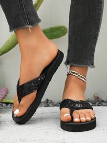 Tongs avec décorations de sequins pour femmes, tongs noires brillantes haut de gamme, sandales plates convenant pour les voyages et la plage