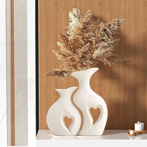 2pcs White Ceramic Vase Set Of 2 Boho Style Love Vase,Suitable For Home Decor, Bedroom Decor, Office And Students, Storage,Wedding Decor,House Decor,Jewelry Organiser,Party Decorations,The Best Gift