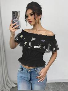 Blusa campesina dama mujer off shoulders hombros descubiertos volantes bordados flores cintura ajustable - Negro - Ver 2