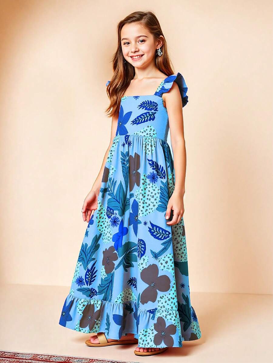女孩热带花卉印花连衣裙，彩色超长太阳裙，细肩带和荷叶边下摆，无袖夏季沙滩/派对装 - 藍色 - 查看 1