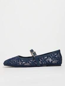 Navy Blue Floral Embroidered Flat Ballet Shoes For Women, Breathable Hollow-Out Mesh Sandals With Square Toe For Wide/Fat Feet, Summer Mary Jane Shoes - Xanh đậm - Xem 6
