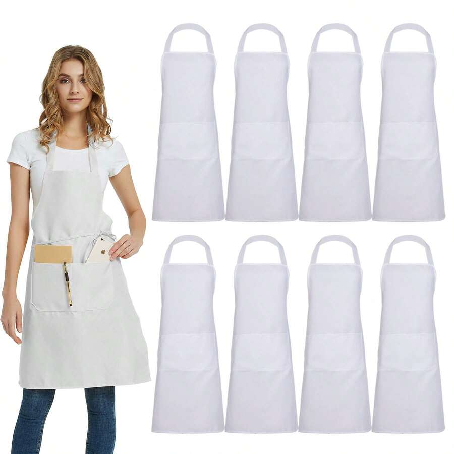1pc/3pcs/6pcs/12pcs Unisex Apron With 2 Spacious Pockets, Machine Washable, Suitable For Kitchen, Crafts, BBQ, Painting - White - View 1