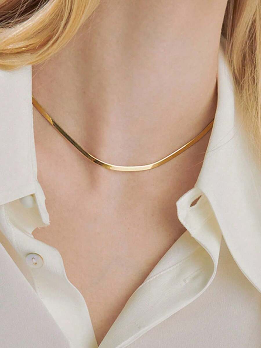 1 件女士不锈钢镀金扁平蛇骨链项链