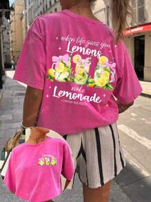 Summer Beach Vacation Printed T-Shirt, When Life Gives You Lemons Funny Lemonade T-Shirt, Vintage Floral Lemon Print Women Round Neck Short Sleeve T-Shirt, Casual Must-Have With Fashionable Holiday Vibe, Spring/Summer