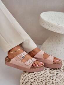 Sandálias femininas casuais com solado grosso e fivela - Rosa - Ver 5