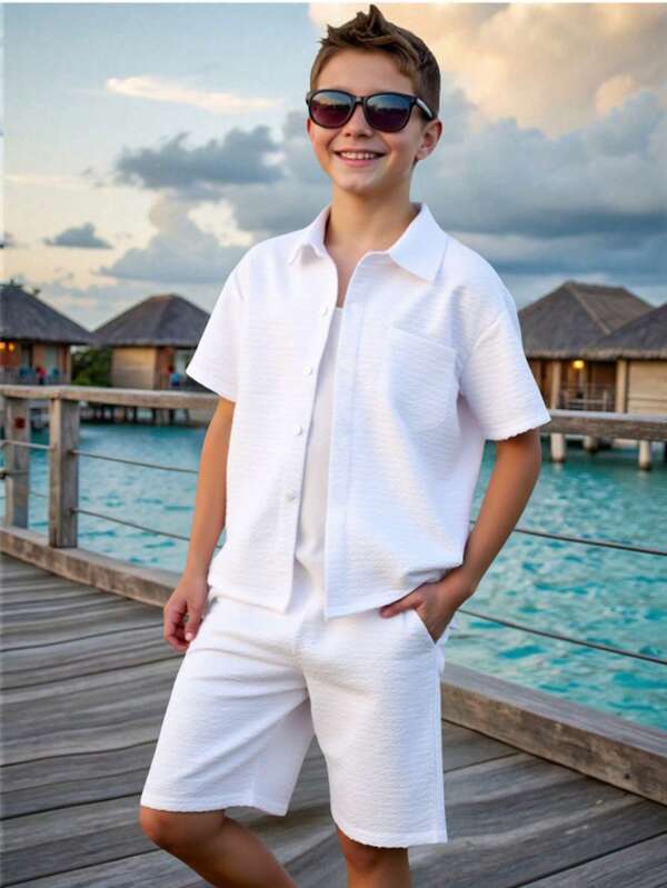 Conjunto de camisa de manga corta y pantalones cortos sólidos con textura para niño preadolescente, para el verano
