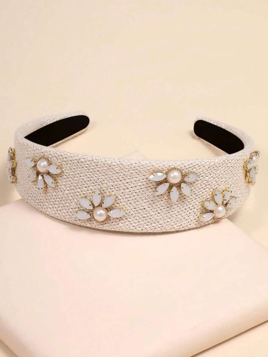 1 件水钻装饰宽头带，时尚甜美百搭珍珠花装饰宽头带、发带、发箍头带 - 白色 - 查看 1