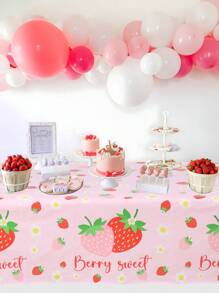 1pc Pink Strawberry Theme Tablecloth, Cute Pink Strawberry Pattern Disposable PE Table Cover, Pink Theme Party Decoration Table Cloth, Birthday Holiday Party Decoration Tablecloth, Pink Strawberry Party Table Cover, Gender Reveal Babe Shower Decoration Supplies, Kitchen Dining Room Decoration Table Flag, Room Home Decoration Table Skirt, Outdoor Camping Picnic Decoration Table Runner, Party Favor