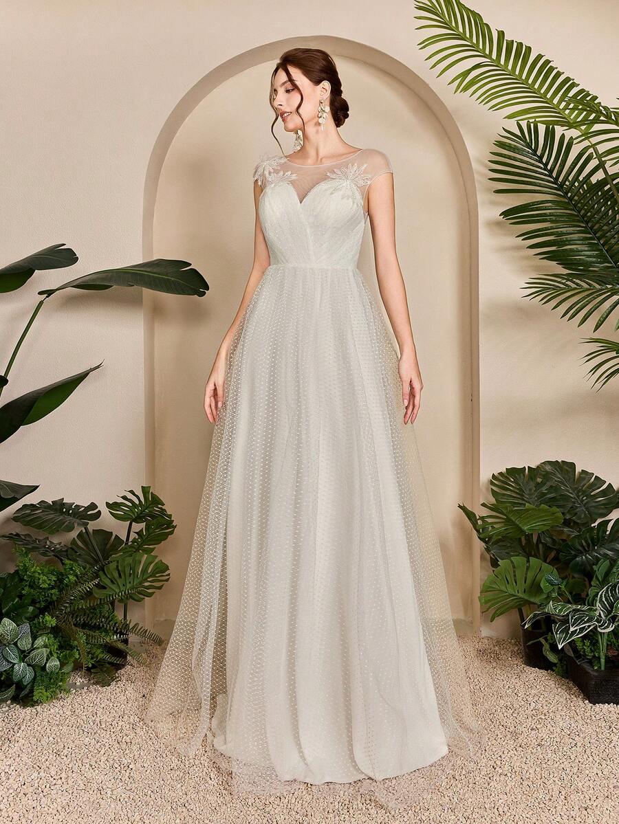 Sweetheart Neckline Shoulder Embroidery Bust Ruffle Polka Dot Mesh A-Line Wedding Dress Gown