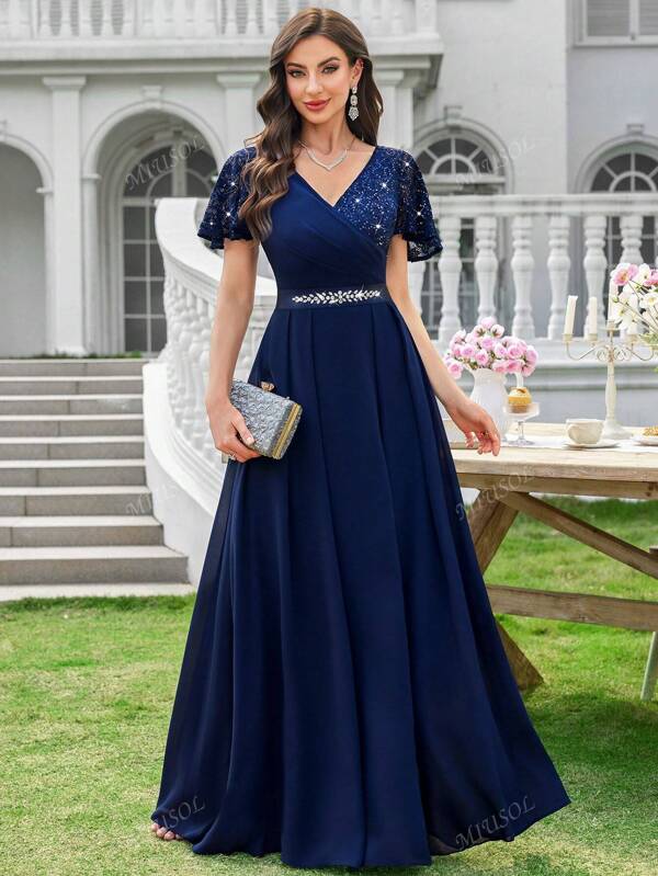MIUSOL Contrast Sequin Floral Lace V-Neck Ruffle Sleeve Pleated Hem Evening Party Maxi Dress, Wedding Guest Dress, Summer Dress
