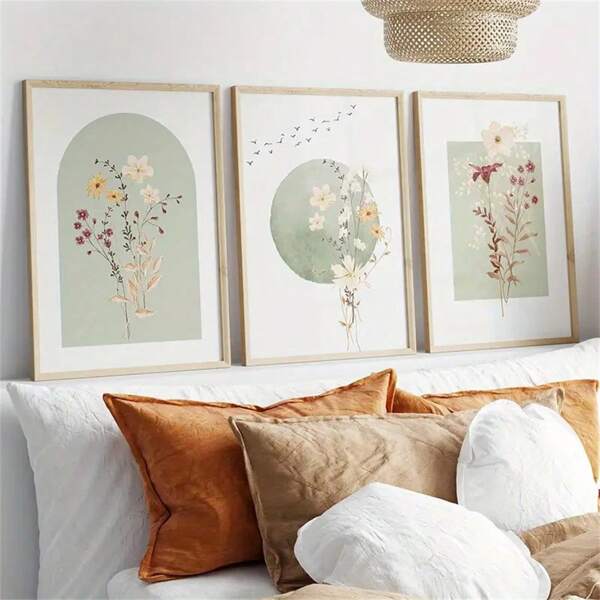 1 pieza/3 piezas de decoración de pared con arte de plantas, flores y hojas en color verde salvia, estilo minimalista y estético. Impresiones en lienzo de acuarelas minimalistas vintage de flores silvestres para decorar la sala de estar, dormitorio, oficina en casa o dormitorio. Cuadros enmarcados o sin enmarcar.