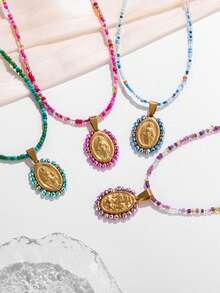 1PC New Stainless Steel Catholic Guadalupe Our Lady Of Our Lady Of Pendant Virgin Mary Statue Beaded Necklace Women's Fashion Lucky Jewelry Gift - Multicolor - View 1