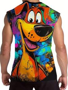 Men's Street Style Polyester Tank Top With Cartoon Dog Print, All-Season Knit Material, Slightly Stretchy, Slim Fit - Multicolor - View 3