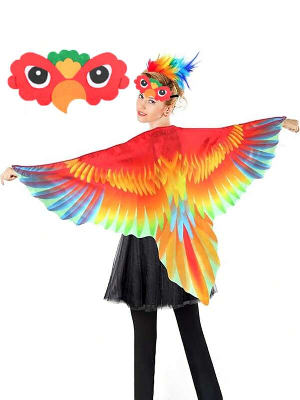 2 peças de capa com asas de papagaio para festa à fantasia + cocar de pássaro simulado, acessórios de decoração para festa, cosplay feminino engraçado, asas de fada adultas + cocar, conjunto de 2 peças de decoração, adequado para decoração de grandes festas e pequenos presentes. (Vermelho, Azul, duas cores)