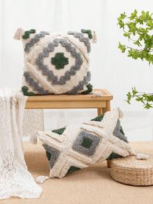 1 件/2 件米蓝色菱形图案靠垫套，欧美风格毛绒刺绣流苏装饰枕套，适用于沙发、卧室、汽车，30 * 50 厘米、45 * 45 厘米，四季适用（不含枕芯） - 米色 - 查看 5