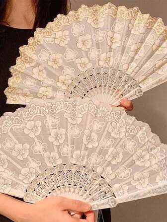 Hand Fan(For Women) Large Folding Fan Retro Folding Fan Decorative Fan Home Decoration Graduation Fans Fan.White Sakura Pattern Lace Folding Fan With Elegant & Graceful Gold-Plated Frame, Suitable For Daily Use