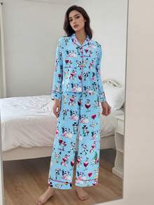 Womens 2 Piece Christmas Pajama Set Long Sleeve Snowman Print Button Up Shirt + Pants Set Winter Sleepwear - Sky Blue - View 2
