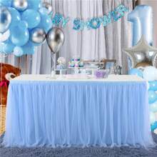 1pc Light Blue Sheer Ruffle Table Skirt, Fits Rectangular & Round Dining Tables - Perfect For Birthday Party, Wedding, Bridal Shower, Cake Table Decor And All Celebrations