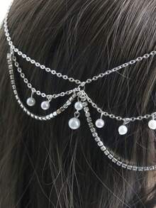 1pc Women's Silver Pearl & Zirconia Stone Claw Chain Exotic Tassel Headband Veil Headpiece, Delicate & Elegant Minimalist Bridal Accessory Halloween