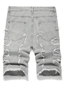 男士时尚创意流苏牛仔短裤，Emo风格 - 灰色 - 查看 3