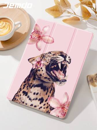 Skyddsfodral för surfplatta med leopard- och blommönster, kompatibelt med Apple iPad 10.2", Apple iPad Pro 11" 2021/2020/10:e generationen, iPad Mini 4/5/6, Galaxy Tab A8 10.5" 2022, Matepad 10.4"/Tab, med pennfack, fallskydd, stativ för surfplatta, automatisk viloläge/väckning