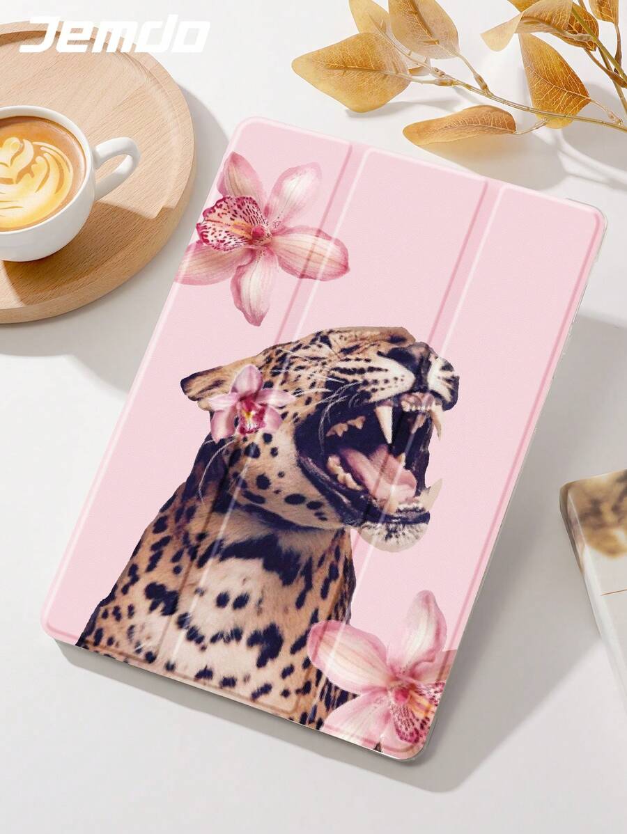 Fierce Animals Leopard And Floral Print Pattern Tablet Protective Case, Compatible With IPad 10.2 Inch, IPad Pro 11 2021/2020/10th Gen, Mini 4/5/6, Galaxy Tab A8 10.5 Inch 2022, Matepad 10.4/Tab, With Pencil Slot, Anti-Fall, Tablet Stand Case, Supporting Auto Sleep/Wake