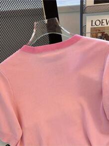 Crew Neck New Short Sleeve Knit Cardigan, Pearl Button, Fitted Slim Fit T-Shirt