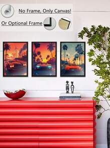 1/3 piezas, marco opcional, pintura de alta calidad, estilo moderno, coche deportivo, ilustración, puesta de sol, vacaciones, árbol de coco, puesta de sol, amantes de los coches, póster de arte de pared, decoración del hogar, adecuado para sala de estar, sofá, dormitorio, pasillo, baño, oficina, regalo de arte perfecto, embalaje de tubería rígida de PVC