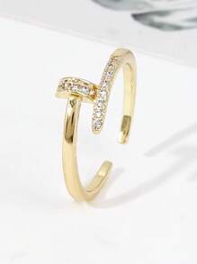 1pc Fashion New Copper Cubic Zirconia Simple T-Letter Open Ring, High Pigment Retention, European & American Style, Versatile