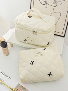 1Pc Bow Embroidered Cosmetic Bag Fashionable Large Capacity Quilted Makeup Bag Sets Travel Cosmetic Bag With Handle Lightweight Fluffy Filling Toiletries Bag For Travel Storage,Daily Use