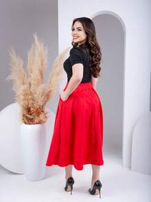 Women's Midi Skirt Tailored Lined Casual Plain With Pleats And Zipper At The Back Elegant Beautiful And Modest Classic - Rojo - Ver 1