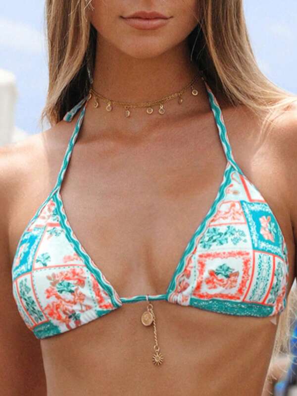 Top de bikini azul con estampado floral sexy para mujer