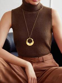 1 pieza Collar largo con colgante circular minimalista, material de acero inoxidable enchapado en oro de 18K, sexy y versátil para uso diario, regalo festivo