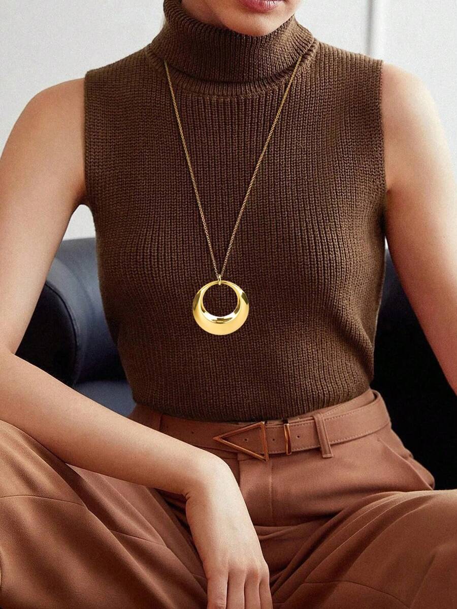 1 pieza Collar largo con colgante circular minimalista, material de acero inoxidable enchapado en oro de 18K, sexy y versátil para uso diario, regalo festivo