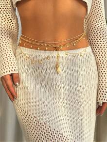 1pc Summer Beachy Shell Chain 3-Layered Tassel Waist Belt, Fits Women, Suitable For Vacation, Dating, Gift - Gold - View 2