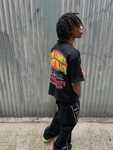 Double Sided Printed (220 Cotton T-Shirt)  Y2k Style Cross Pattern And Letters Double-Sided Printed Men's Casual Soft 100% Cotton All Inclusive Round Neck Short Sleeved T-Shirt