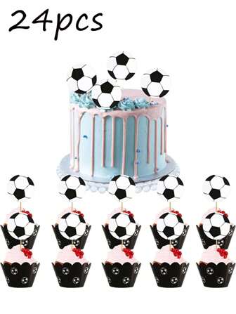 24 Pcs Football Theme Party Cupcake Decorations, Football Sports Theme Dessert Party Decorations, Ice Cream Pizza Muffin Bread Party Gourmet Decorations, Baking Cooking Gourmet Decoration Supplies, Outdoor Party Cake Gourmet Decorations