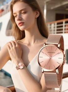 1 pezzo Orologio da polso da donna color oro rosa, movimento giapponese, cinturino in maglia di acciaio inossidabile, stile minimalista ed elegante, adatto per uso quotidiano e come regalo