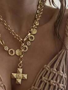 Collares de declaración con cruz ondulada, collares de acero inoxidable para mujer, joyería vintage de acero inoxidable gruesa que no se mancha - Dorado - Ver 7