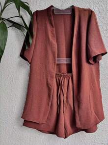 2-Piece Plain Set (Kimono+Shorts) J-2 - Mocha Brown - View 1