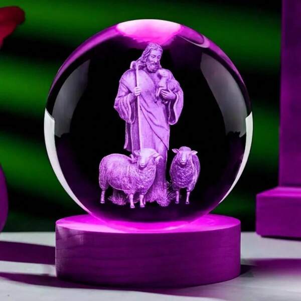 1pc 3D Carving Shepherd's Crystal Ball With USB Night Light - Religious Art Decoration, Suitable For Easter, Thanksgiving, Christmas | 2.36-Inch Glass Decorative Item